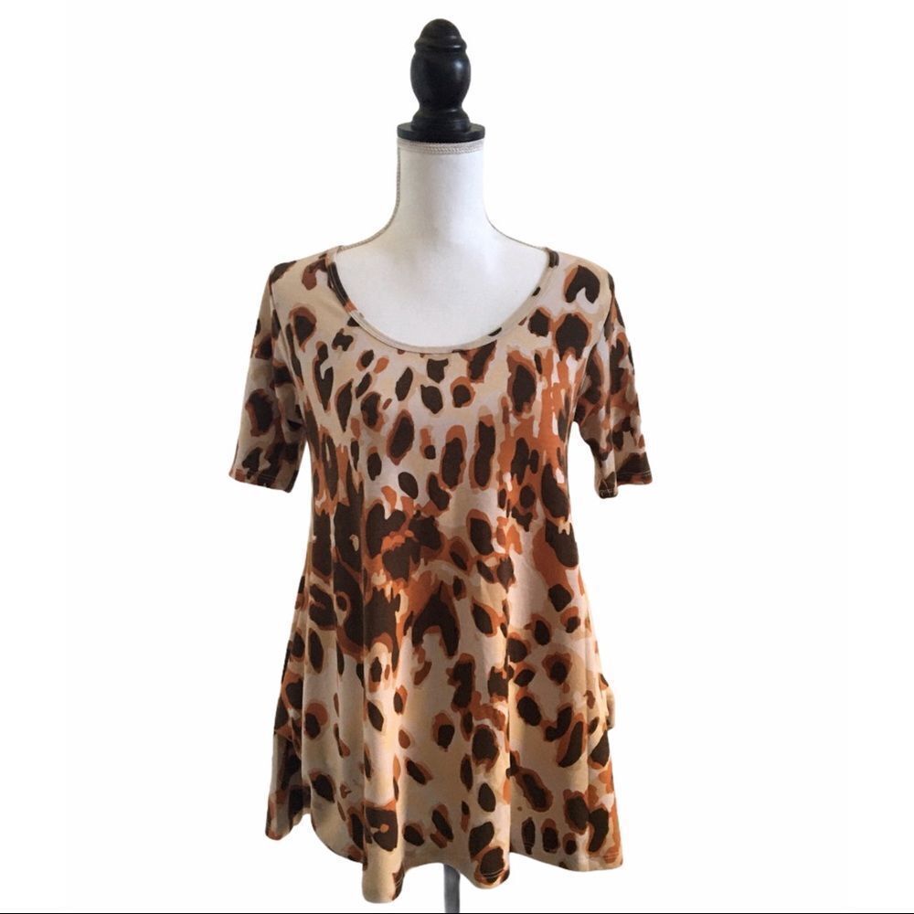 LuLaRoe Perfect Tee Peplum Style Top Leopard Print Tan Brown & Black Women’s XXS